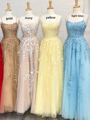 Princess Straps Long Prom Dress with Lace Appliques,Evening Gowns