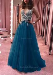 Princess V Neck Court Train Tulle Prom Dress With Appliqued Beading