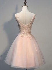 Princess V Neck Tulle Short Mini Appliques Lace Sweet Prom Dresses