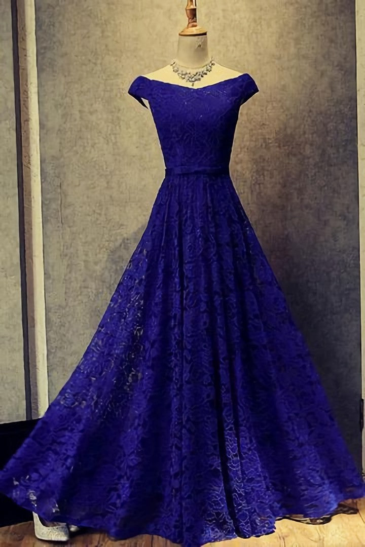 Royal Blue Lace Long Off Shoulder Prom Dresses