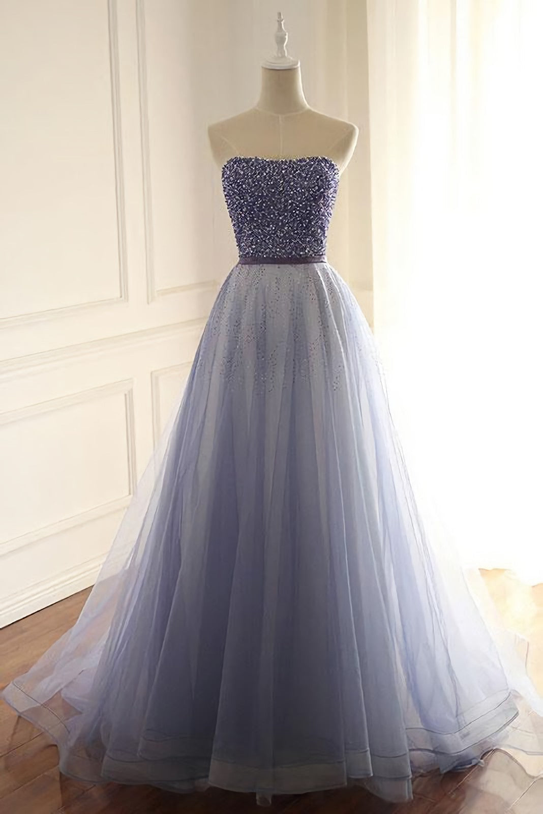 Stylish A Line Strapless Tulle Long With Beading Prom Dresses