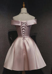 Pink Satin Off Shoulder Cute 2024 Pink Homecoming Dresses