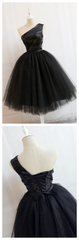 Black One Shoulder Short Black Tulle Homecoming Dresses