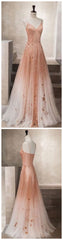 Unique champagne tulle long tulle Evening Dresses