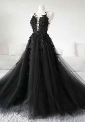 Black tulle applique long fabulous custom made black Evening Dresses