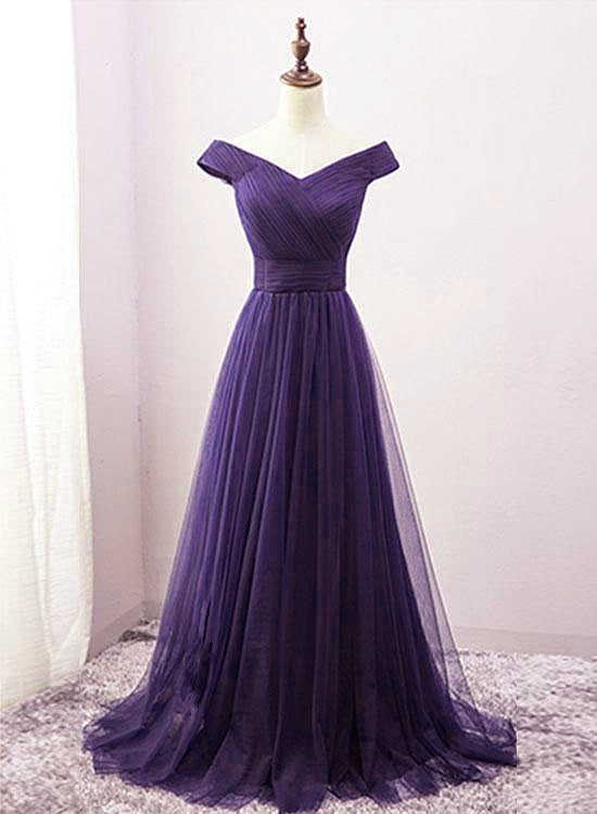 Long Purple A-line Off the Shoulder Tulle Prom Dresses