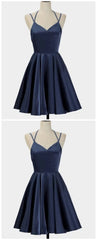 Spark Queen Simple Short Blue Sleeveless V Neck Mini Evening Dress, Women Dress, Satin Ruffles Spaghetti Straps Homecoming Dress