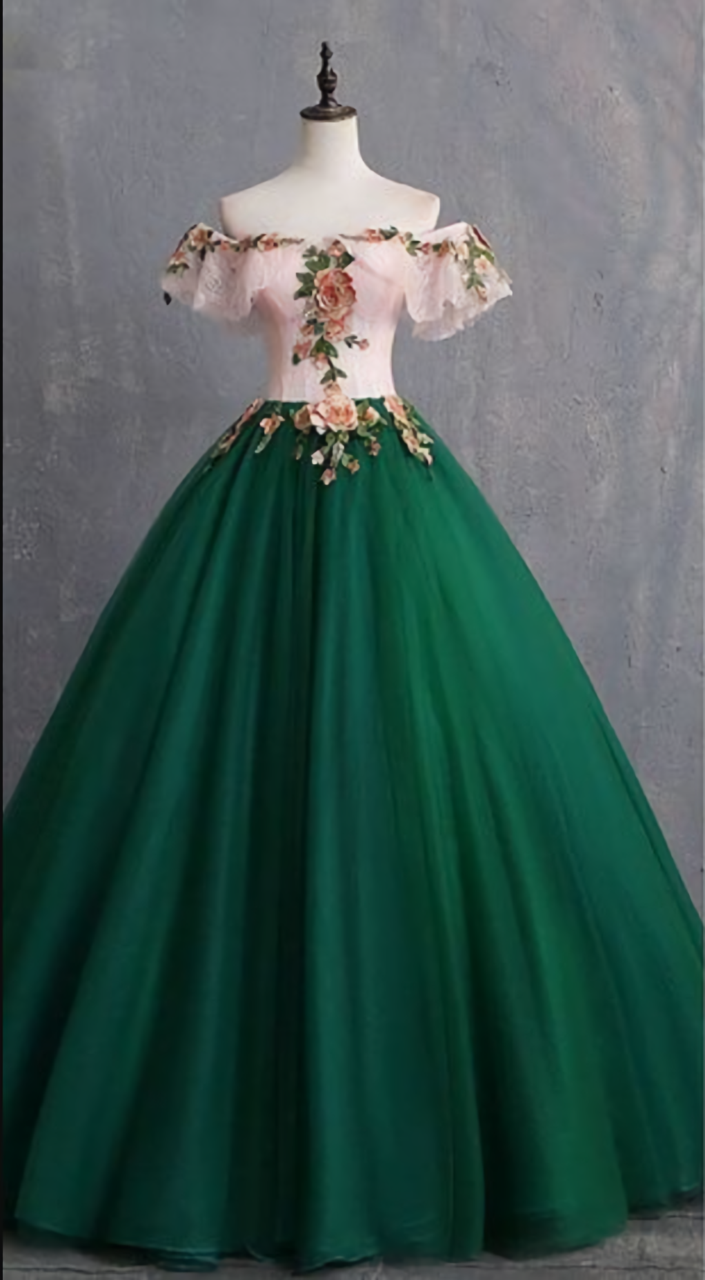 Vintage Dark Green Prom Dresses, Ball Gown Appliques Lace Off The Shoulder Short Sleeve Backless Floor Length Long Formal Dresses