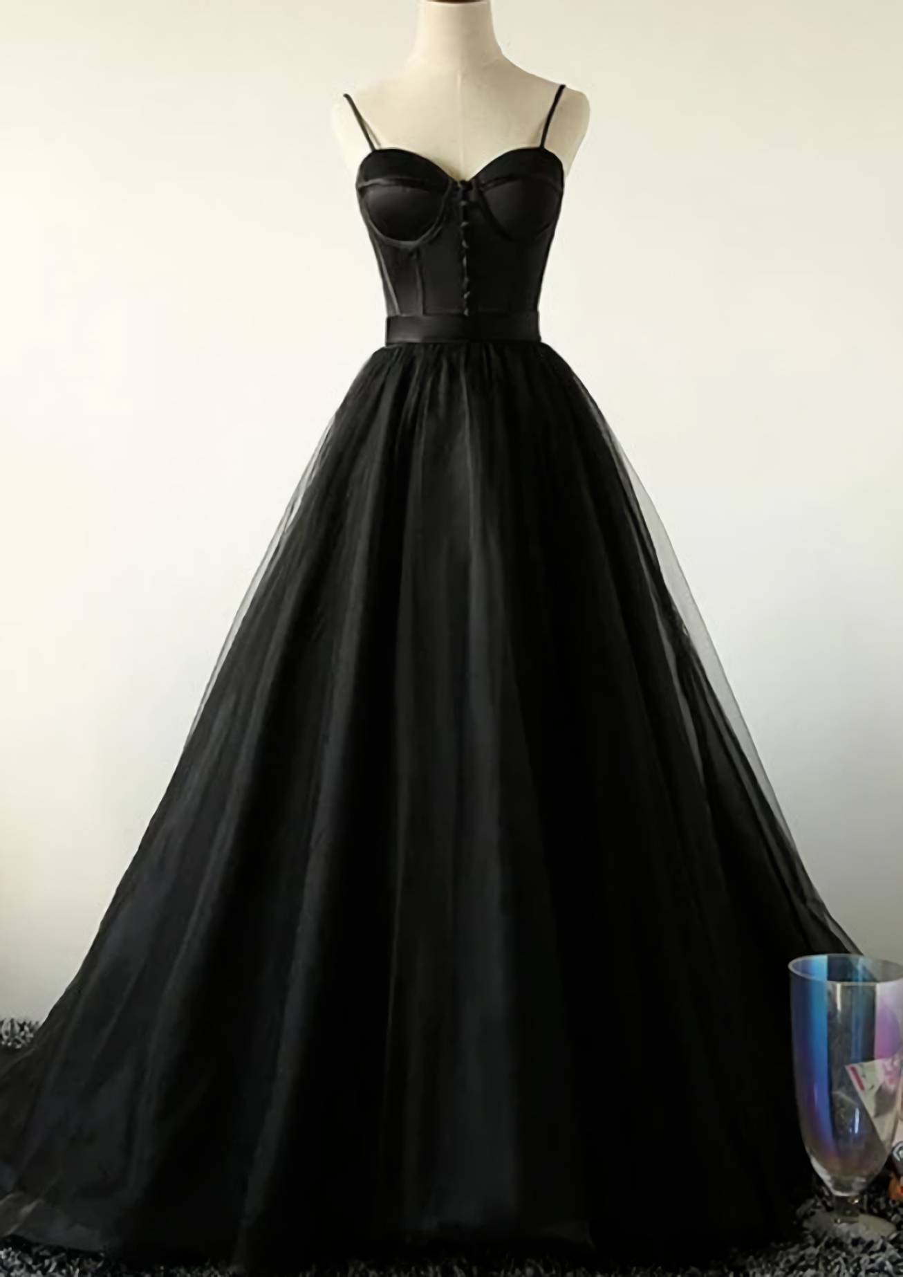 Ball Gown Spaghetti Straps Black Tulle Prom Dress, Long Brush Sweep Train Prom Dress