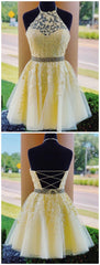 Charming A-Line Halter Cross Back Yellow Tulle Short with Appliques Homecoming Dresses