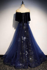 Blue Tulle With Velvet Long Party Dress, A Line Off Shoulder Formal Dress, Prom Dress