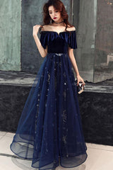 Blue Tulle With Velvet Long Party Dress, A Line Off Shoulder Formal Dress, Prom Dress