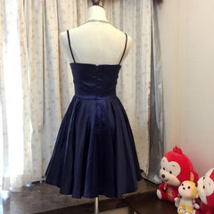 Simple Navy Blue Satin A Line V Neck Short Prom Dress, Homecoming Dress
