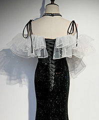 Black Mermaid Sequins Spaghetti Straps Pearls Prom Dresses