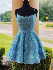 A Line Backless Lace Blue Short Prom Dresses, Homecoming Dresses, Backless Blue Lace Formal Graduation Evening Dresses