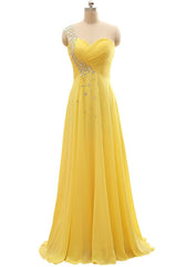 Elegant One Shoulder Yellow Chiffon Beaded Pleat Long Bridesmaid Dresses