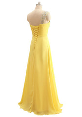 Elegant One Shoulder Yellow Chiffon Beaded Pleat Long Bridesmaid Dresses