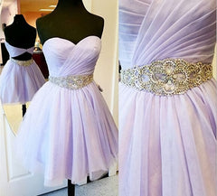 Charming Empire Waist Lavender Sweetheart Backless Short Fashion Beaded Belt Short For Sweet 16 Mini Length Skirt Prom Dresses