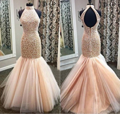 Champagne Mermaid Tulle Beading Mermaid Backless Prom Dresses With Beading For Teens