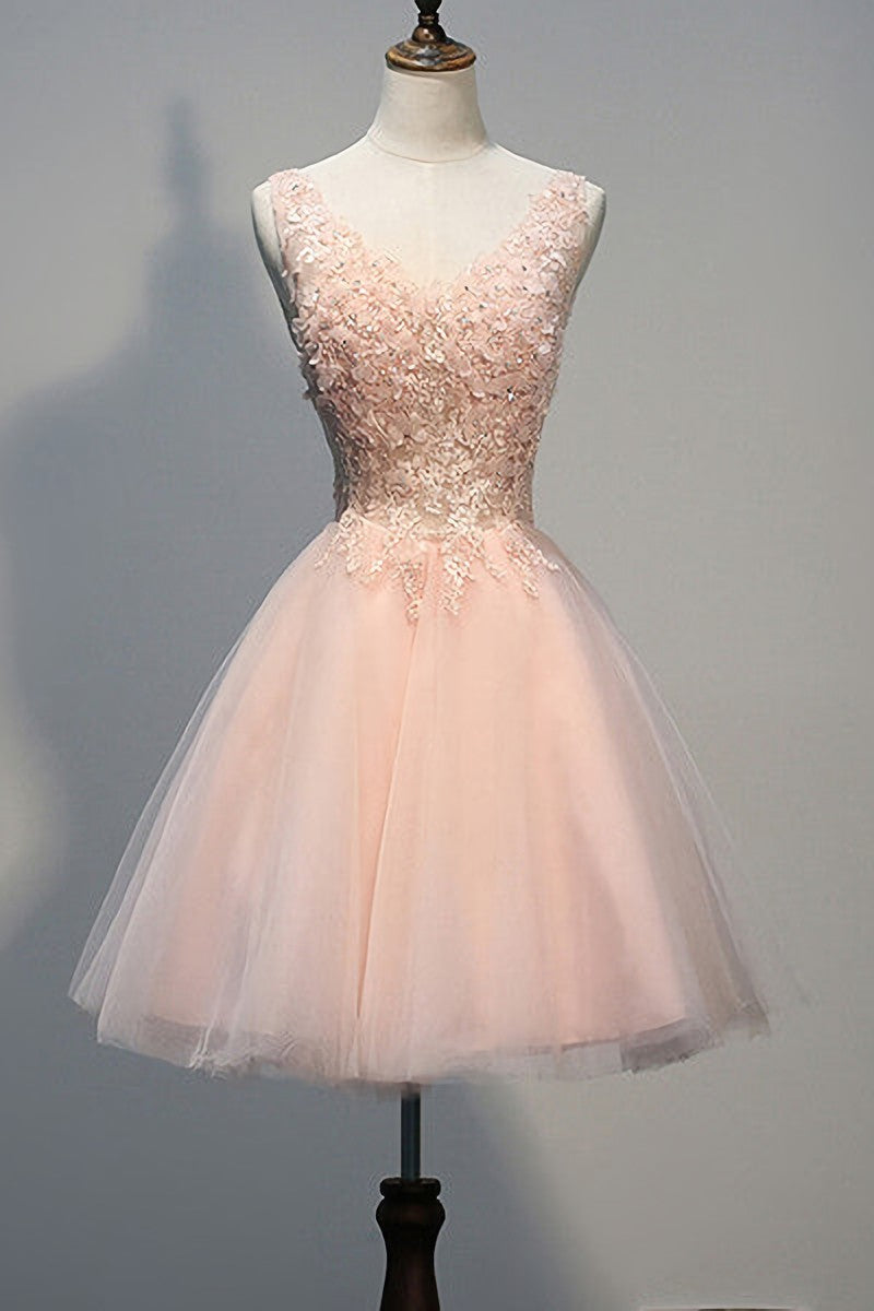Blush Pink V Neck Applique Short Top Selling 2024 Homecoming Dresses