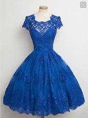 Lace Cap Sleeves Junior Blue Homecoming Dresses
