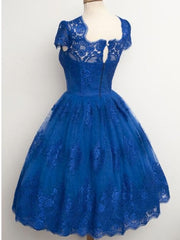 Lace Cap Sleeves Junior Blue Homecoming Dresses