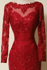 Elegant Long Sleeves Red Lace Mermaid Prom Dress, 2024 Party Dress, Evening Dress, 2024