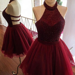 burgundy short halter sparkly semi beaded Homecoming Dresses