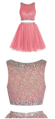 Bateau Neck Illusion Pink Short Crystal Beaded Two Piece Sequined Crop Top Tulle Mini Prom Dresses