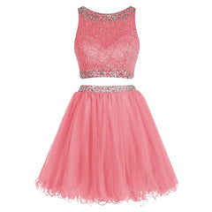 Bateau Neck Illusion Pink Short Crystal Crystal in rilievo a due pezzi Crop Top Tulle Dress