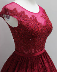 Burgundy High Low With Illusion Neckline Elegant Lace Strapless Rhinestones Prom Dresses