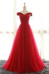 Off The Shoulder Red A Line Pleated Long Red Prom Dresses