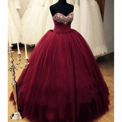 Puffy Burgundy Qinceanera Beaded Top Corest Lace-Up Back Floor Length Princess Vestidos De Debutante Prom Dresses