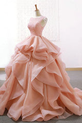Puffy Tulle Long Prom Dress with Beading, A Line Sleeveless Party Gown