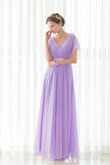 Purple Chiffon V-neck Backless Pleats Long Bridesmaid Dresses