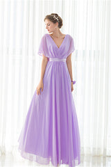 Vestidos de damas de dama de honor de cuello en V de chifón púrpura
