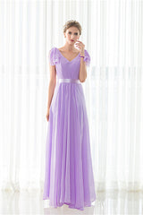 Purple Chiffon V-neck Backless Pleats Long Bridesmaid Dresses