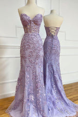 Purple Lace Long Mermaid Prom Dresses, Strapless Evening Dresses