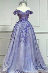 Purple Tulle Lace Floor Length Prom Dress, Off the Shoulder Evening Dress