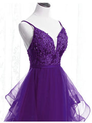 Purple Tulle Layers with Lace Long Evening Dresses, Purple Prom Dress Party Dresses