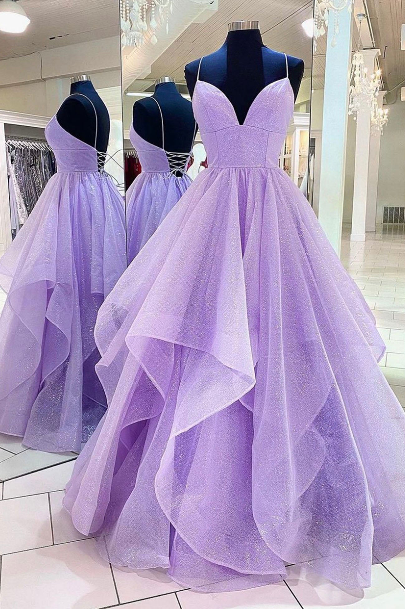 Purple Tulle Long A-Line Prom Dress, Spaghetti Strap Formal Evening Dress