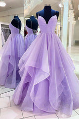 Purple Tulle Long A-Line Prom Dress, Spaghetti Strap Formal Evening Dress