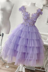 Purple tulle short prom dress, purple evening dress