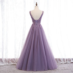 Purple V-neckline Tulle with Lace Floor Length Party Dress Evening Dress,Purple Prom Dress