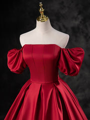 Red Satin A-line Short Sleeves Long Prom Dress, Red Long Formal Dress Evening Dress