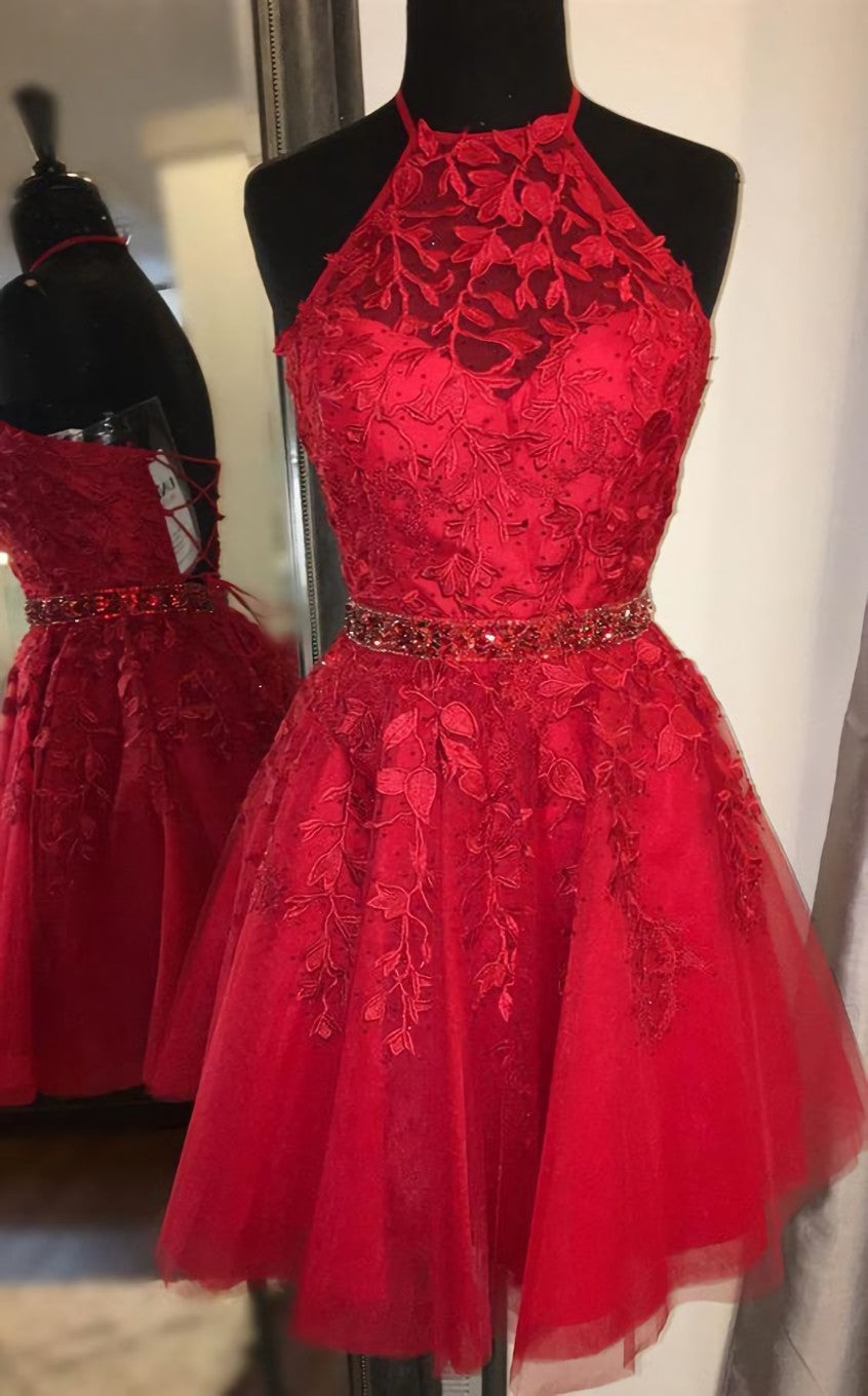 Red Short Homecoming Dresses,Formal Lace Hoco Dress with Beading