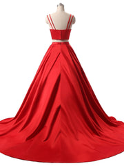 Red Two Pieces Satin Long Prom Dress, Red Satin Formal Evening Dress