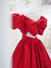 Red V Neck Satin Long Prom Dress, Red Formal Evening Dresses