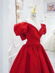 Red V Neck Satin Long Prom Dress, Red Formal Evening Dresses