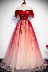 Red Off the Shoulder Long Tulle Prom Dress with Beading, Party Gown with Sequins